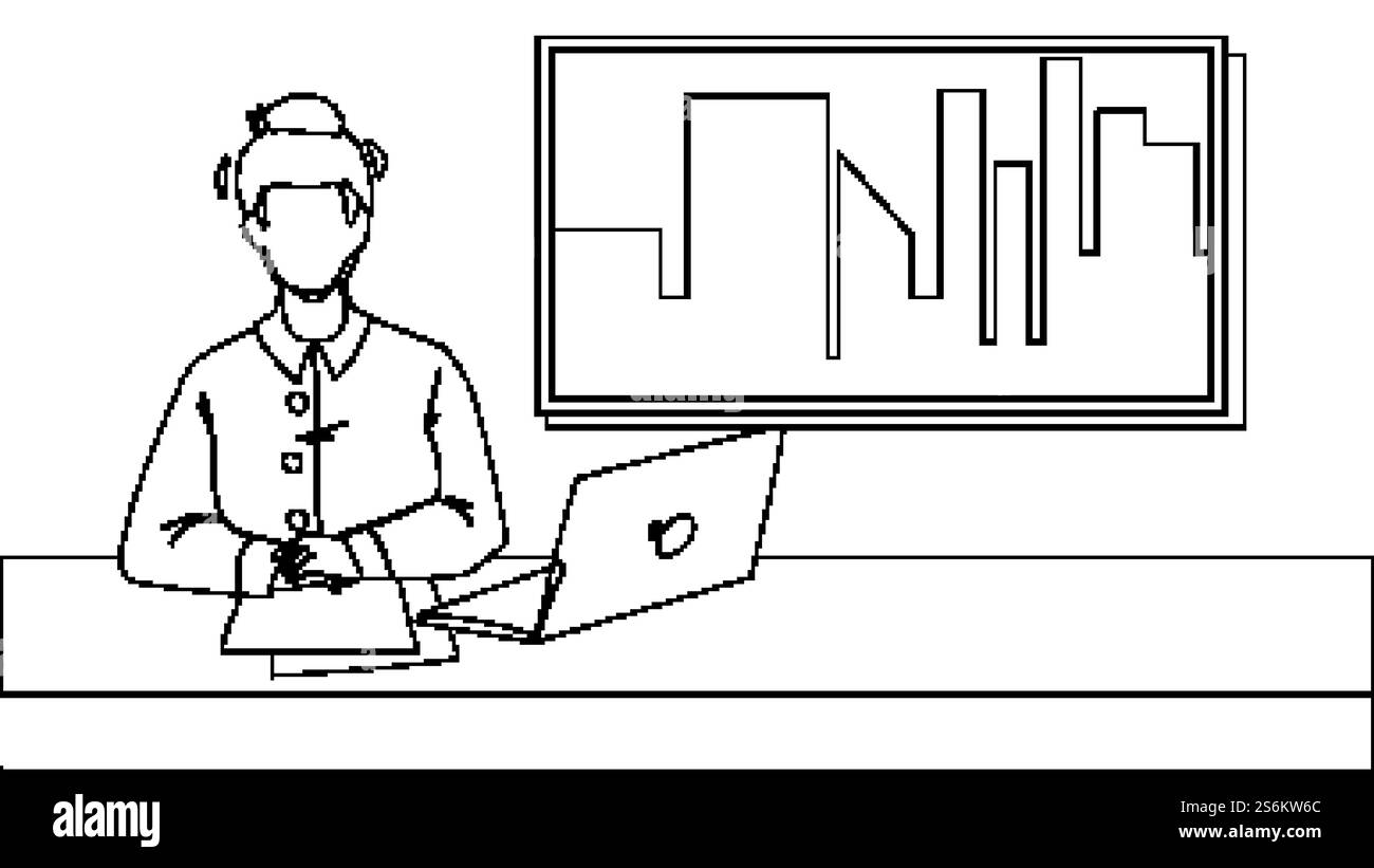 Présentateur de nouvelles TV dans le studio de télévision Black Line Pencil Drawing Vector. Lecteur de nouvelles présentant les listes d'actualités télévisées, d'ordinateurs portables et de papier sur le lieu de travail de table. Illustration de la diffusion de Character social Worker. Présentateur de nouvelles TV dans Television Studio Vector Illustration de Vecteur