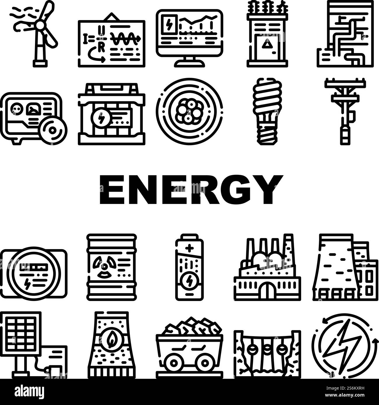Vecteur d'ensemble d'icônes de la collection Energy Manufacturing. Ampoules et équipements électriques sécuritaires en énergie, usine de production d'énergie industrielle et infrastructure illustrations de contour noir. Vecteur d'ensemble d'icônes de la collection Energy Manufacturing Illustration de Vecteur