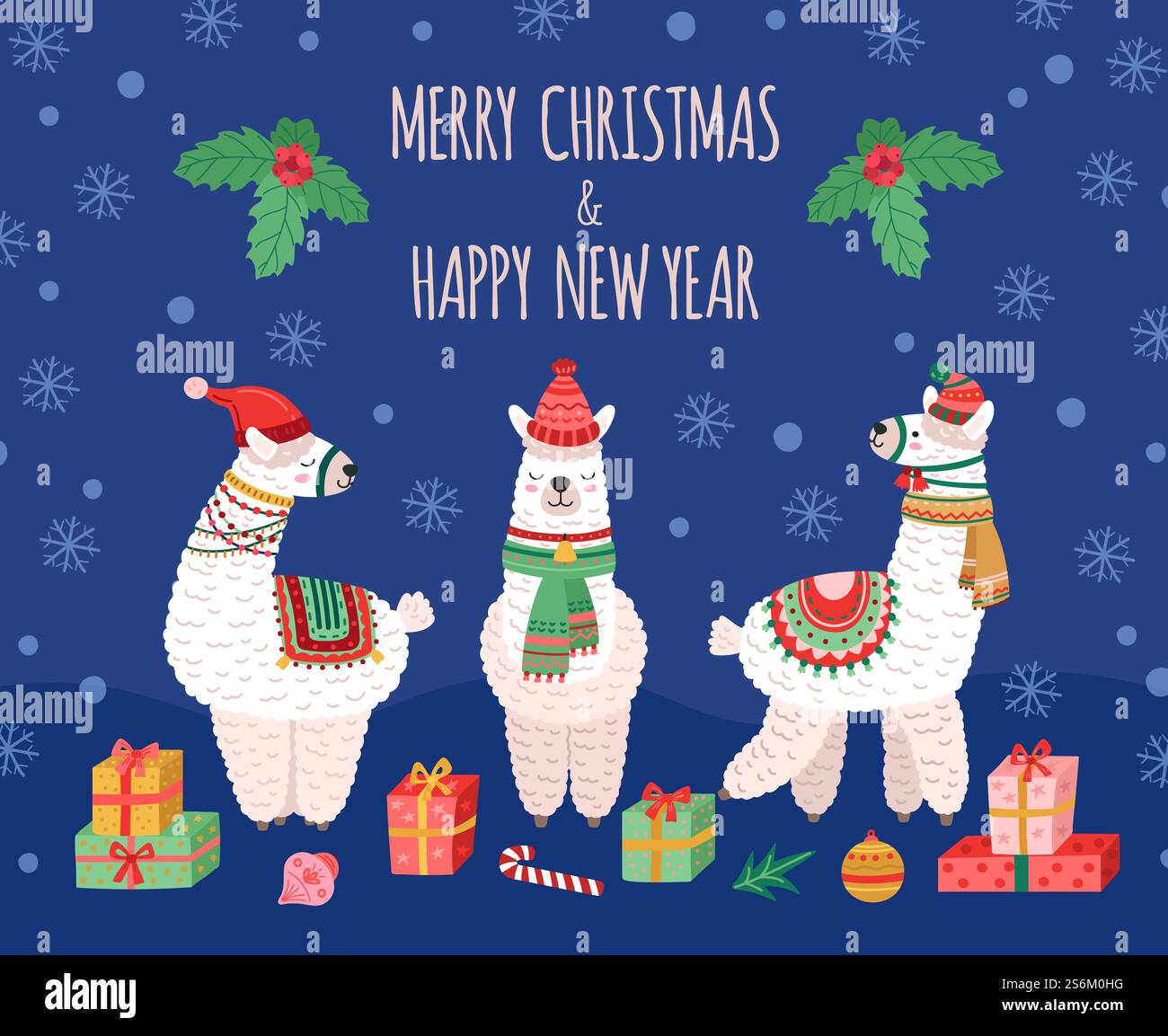 Fond de noël lama. Doodles lamas, carte de vacances pour bébés animaux sauvages. Laine alpaga Wear chapeau de santa, affiche vectorielle de Noël d'hiver drôle. Alpaga et lama en écharpe de noël et illustration de chapeau. Fond de noël lama. Doodles lamas, carte de vacances pour bébés animaux sauvages. Laine alpaga Wear chapeau de santa, affiche vectorielle de Noël d'hiver drôle Illustration de Vecteur
