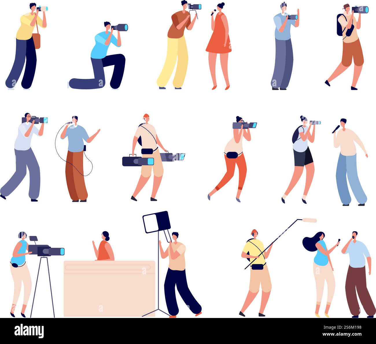 Journalistes personnages. Interview, femme parlant caméra tv. Photographe caméraman isolé, créateurs d'actualités travaillant sur l'illustration vectorielle. Les gens de presse et journaliste de télévision avec caméra. Journalistes personnages. Interview, femme parlant caméra tv. Photographe caméraman isolé, créateurs d'actualités travaillant sur l'illustration vectorielle Illustration de Vecteur