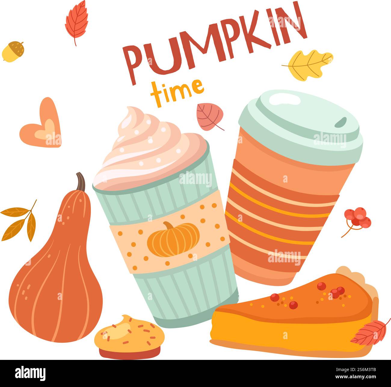 Heure du latte à la citrouille. Boissons d'automne, saison hygge. Café avec crème. Magasin de boulangerie, modèle de vecteur de carte d'impression de restaurant de café. Boisson de café de citrouille, saison orange avec illustration de boisson chaude. Heure du latte à la citrouille. Boissons d'automne, saison hygge. Café avec crème, feuilles tombantes et gâteaux. Magasin de boulangerie, modèle de vecteur de carte d'impression de restaurant de café Illustration de Vecteur