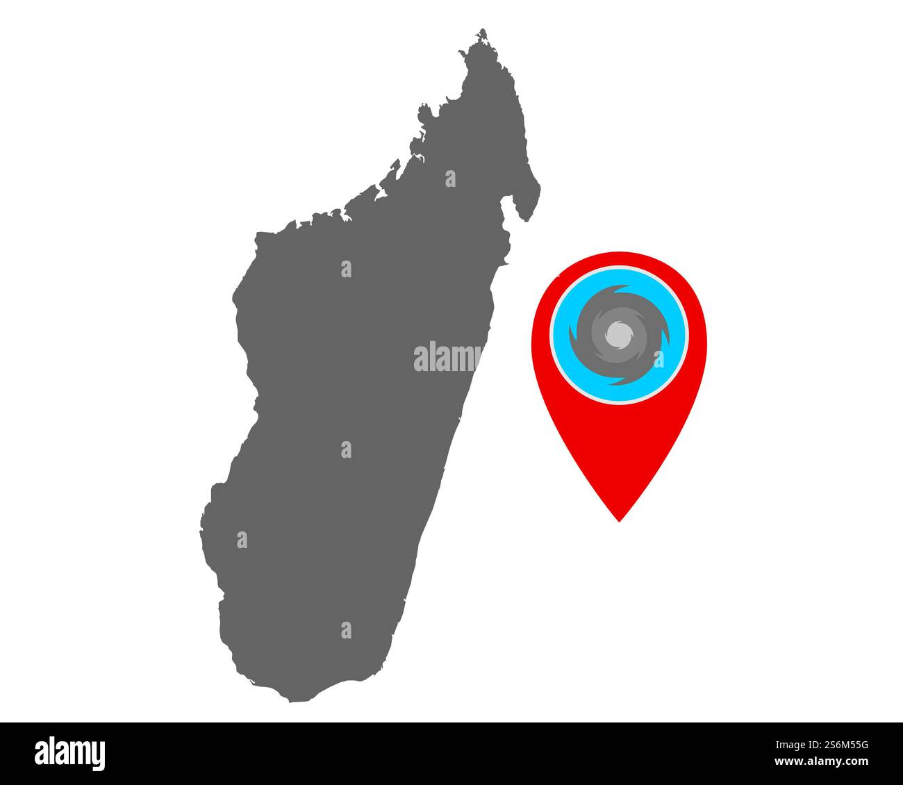 Carte de Madagascar et PIN avec avertissement ouragan Banque D'Images