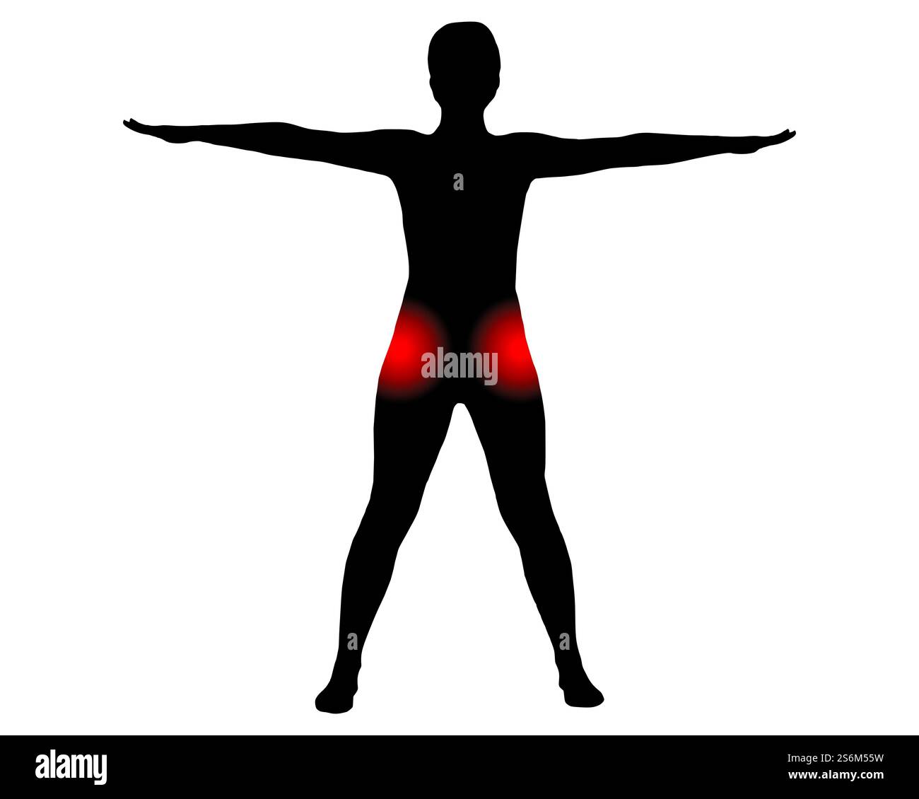 Vue avant de la femme avec symbole de douleur à la hanche Banque D'Images