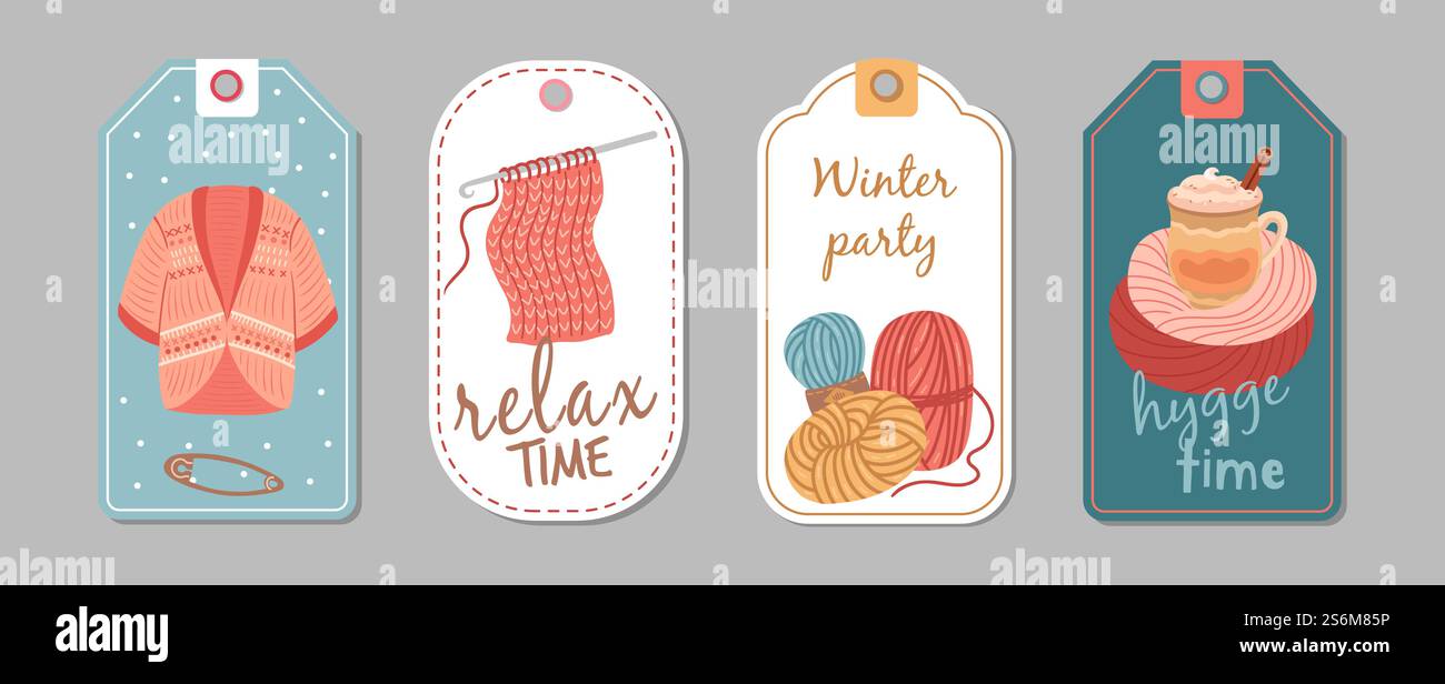Étiquettes de saison automne hiver. Passe-temps de tricot, bannières hygge Time. Modèle d'autocollants vectoriels de cardigan en laine, latte ou tasse de cacao. Passe-temps fait à la main, couture d'hiver et illustration d'étiquette de modèle de travail à l'aiguille. Étiquettes de saison automne hiver. Passe-temps de tricot, bannières hygge Time. Modèle d'autocollants vectoriels de cardigan en laine, latte ou tasse de cacao Illustration de Vecteur