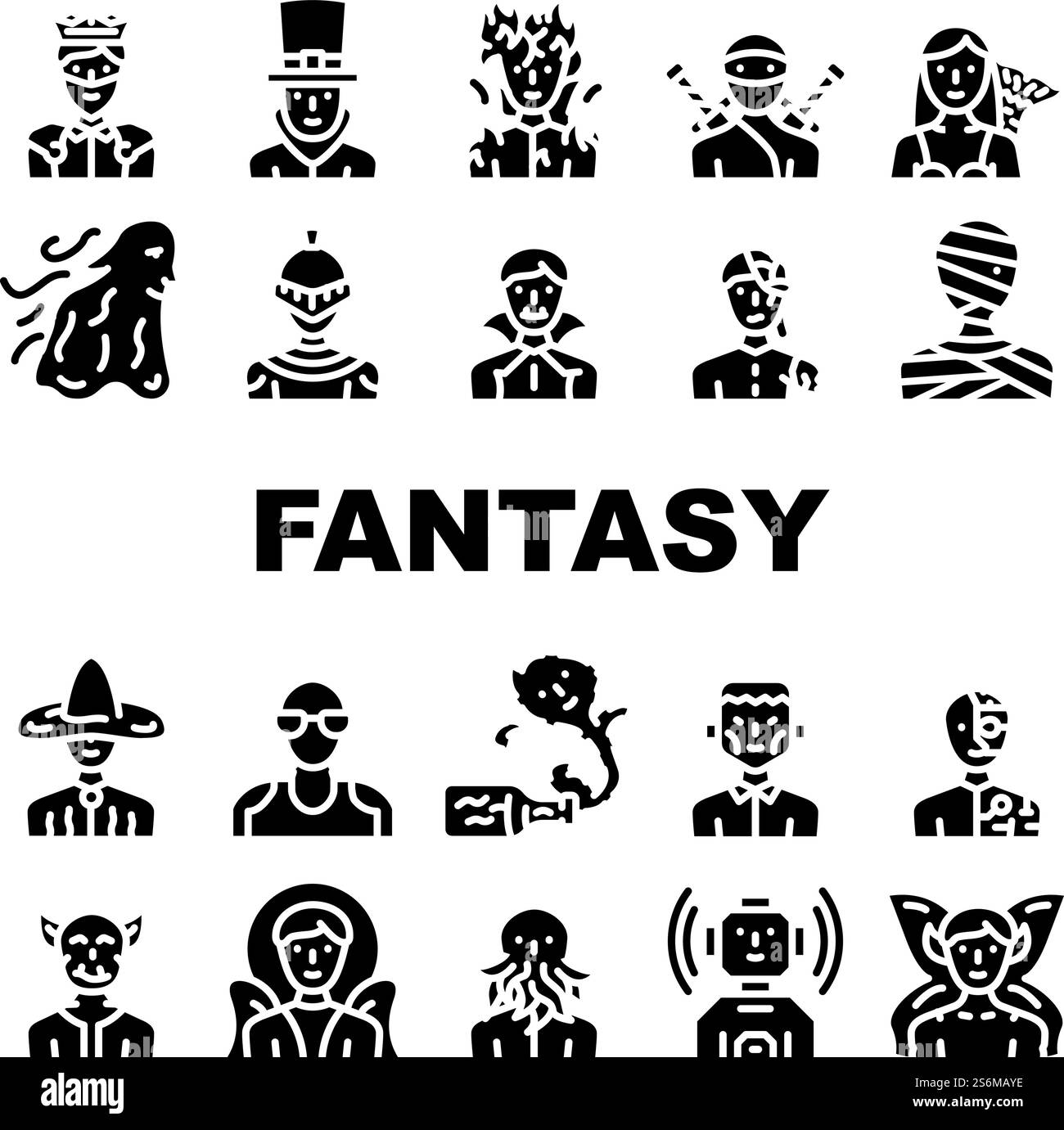 Fantaisie et magique icônes de caractère Set vecteur. Zombie et fantôme, Ange et Roi, Burning et Frankeinstein, Mummy et Vampire, Fée et Steampunk personnages pictogrammes glyphes Noir illustrations. Fantaisie et magique icônes de caractère Set vecteur Illustration de Vecteur