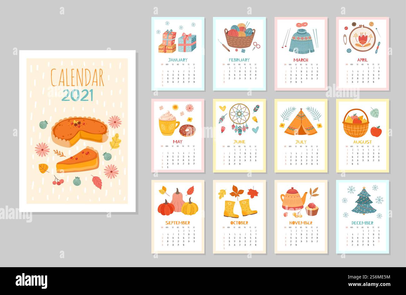 Calendrier mural confortable 2021. Calendriers mensuels, calendrier hygge style maison. Planificateur de saison plat avec modèle vectoriel de vêtements chauds de plantes de café. Illustration calendrier 2021, organisateur graphique mensuel. Calendrier mural confortable 2021. Calendriers mensuels, calendrier hygge style maison. Planificateur de saison plat avec modèle vectoriel de vêtements chauds de plantes de café Illustration de Vecteur