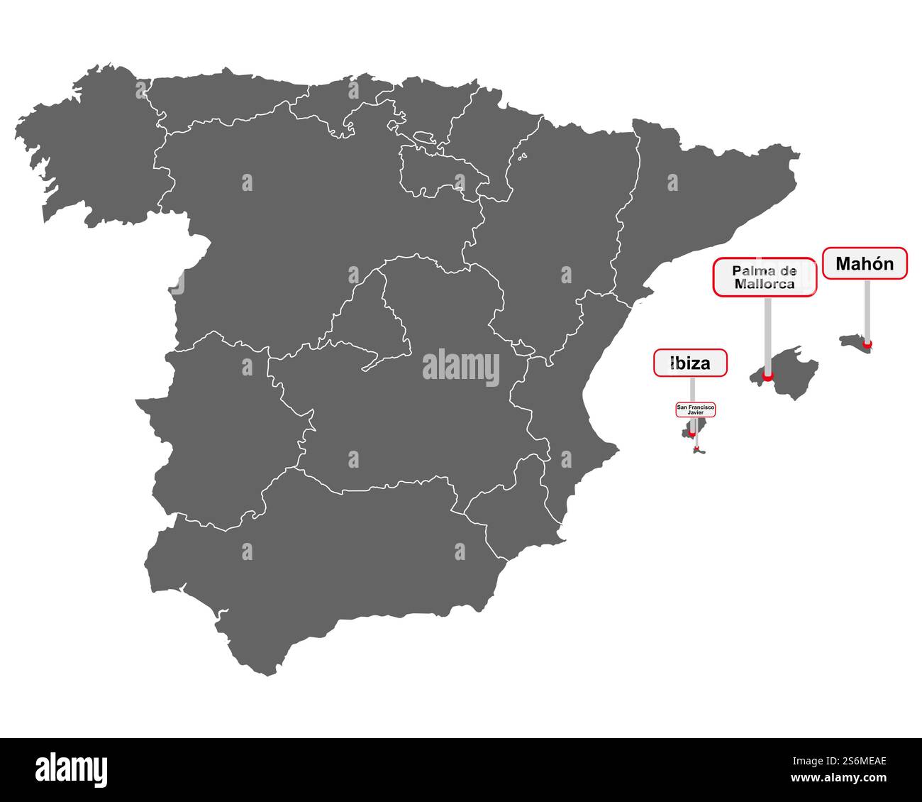 Carte de l'Espagne avec des signes de nom de lieu sur les îles Baléares Banque D'Images