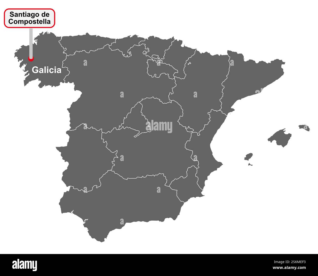 Carte de l'Espagne avec signe de nom de lieu de Santiago de Compostella Banque D'Images