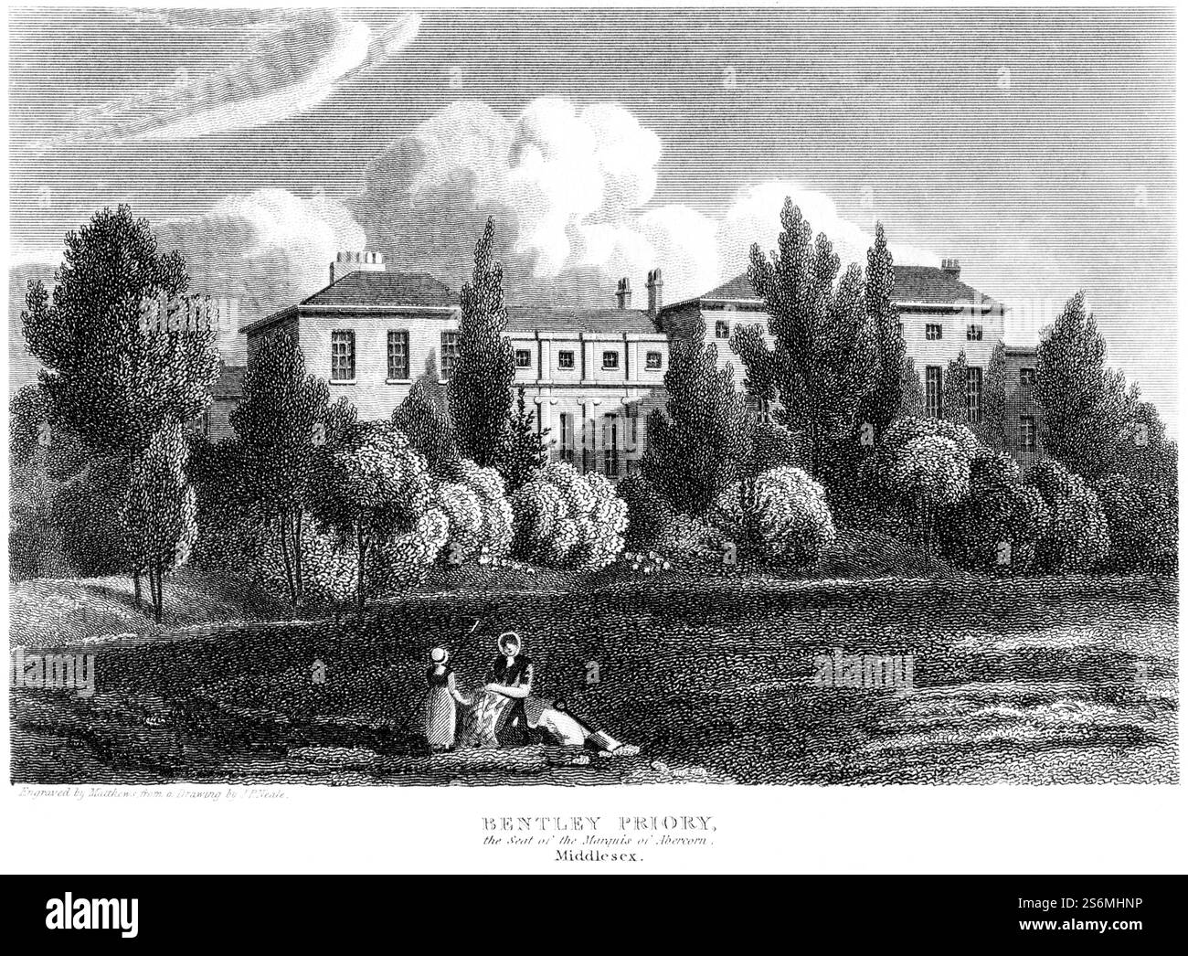 Gravure du prieuré de Bentley, siège du marquis d'Abercorn, Middlesex numérisée à haute résolution à partir d'un livre publié vers 1815. Banque D'Images
