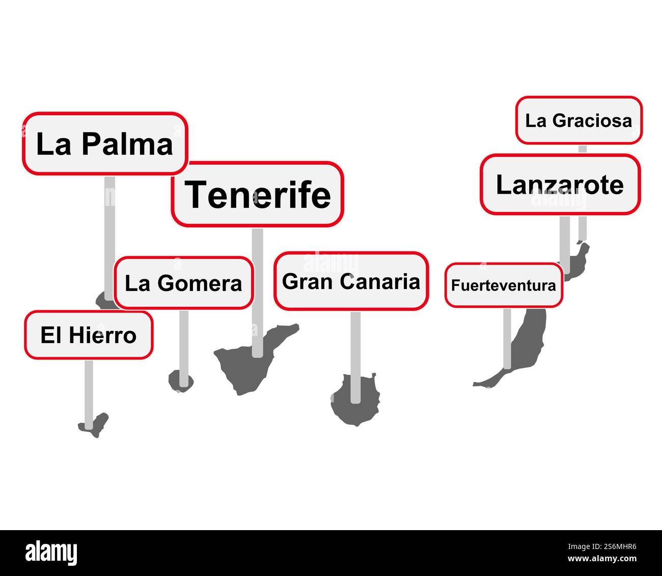 Carte des îles Canaries avec des signes de nom de lieu Banque D'Images