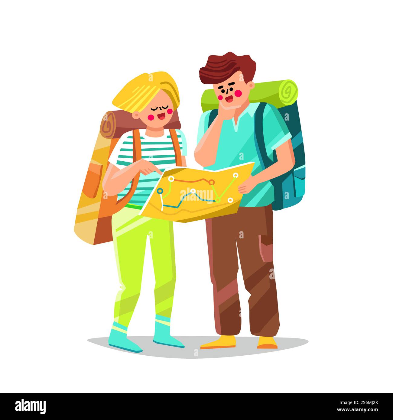 Confused Tourist homme et femme Search Way Vector. Lost and Confused Tourist Boy and Girl couple recherchant la direction sur la carte. Personnages Travelers confusion Flat Cartoon illustration. Confused Tourist homme et femme Search Way Vector Illustration de Vecteur