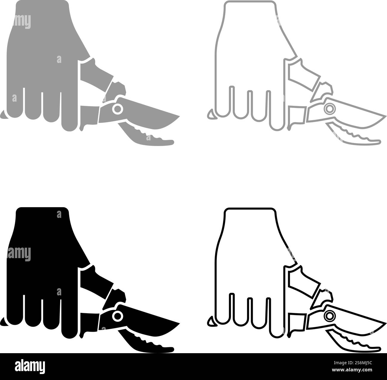 Sécateur dans la main sécateur de jardin sécateur cisailles cisailles ciseaux à main coupe manuelle utiliser outil set icône gris noir couleur illustration vectorielle style plat image simple. Sécateur dans la main sécateur de jardin sécateur cisailles cisailles ciseaux à main coupe manuelle utiliser outil Set icône gris noir couleur illustration vectorielle image de style plat Illustration de Vecteur