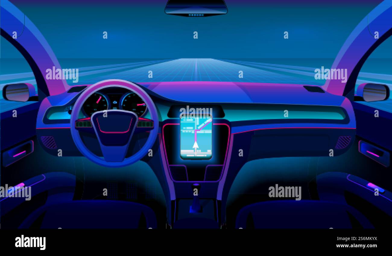 Intérieur voiture futuriste. Néon auto, intérieur moderne et grille routière. Véhicule sans conducteur sur fond de vecteur de trafic de nuit. Illustration tableau de bord intérieur futuriste autonome. Intérieur voiture futuriste. Néon auto, intérieur moderne et grille routière. Véhicule sans conducteur sur fond de vecteur de trafic de nuit Illustration de Vecteur