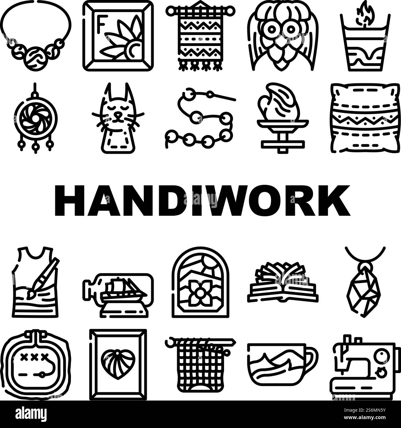Ensemble d'icônes d'occupation de handiwork Craft Hobby vecteur. Bougie et composition de Old Book, feutre poche et cône jouet, bateau en bouteille et tissage amulette handiwork décoration contour illustrations. Ensemble d'icônes d'occupation de handiwork Craft Hobby vecteur Illustration de Vecteur