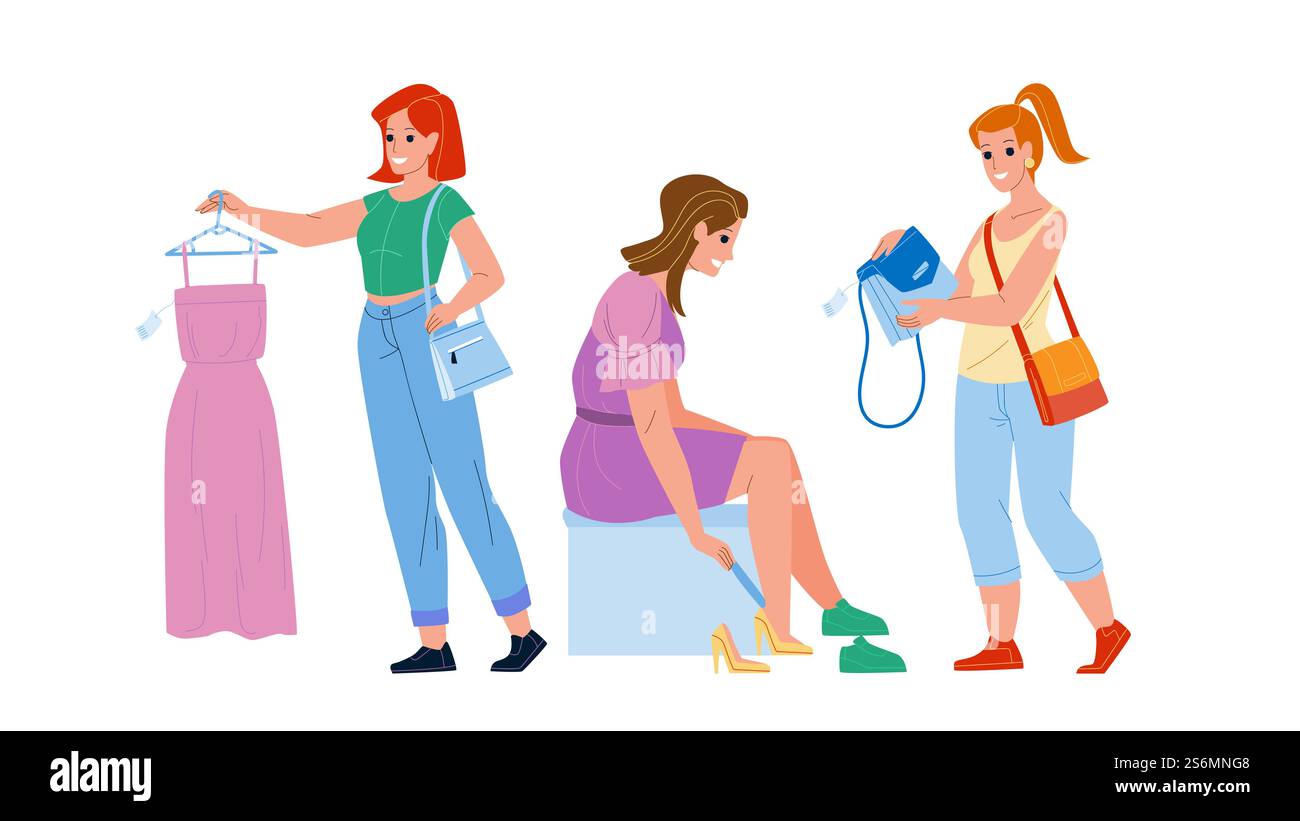 Occupation shopping féminine dans le vecteur de magasin de vêtements. Femme essayant des chaussures, choisissant la robe et le sac dans la boutique de vêtements, shopping féminin. Personnages faisant l'achat Flat Cartoon illustration. Occupation shopping féminine dans le vecteur de magasin de vêtements Illustration de Vecteur