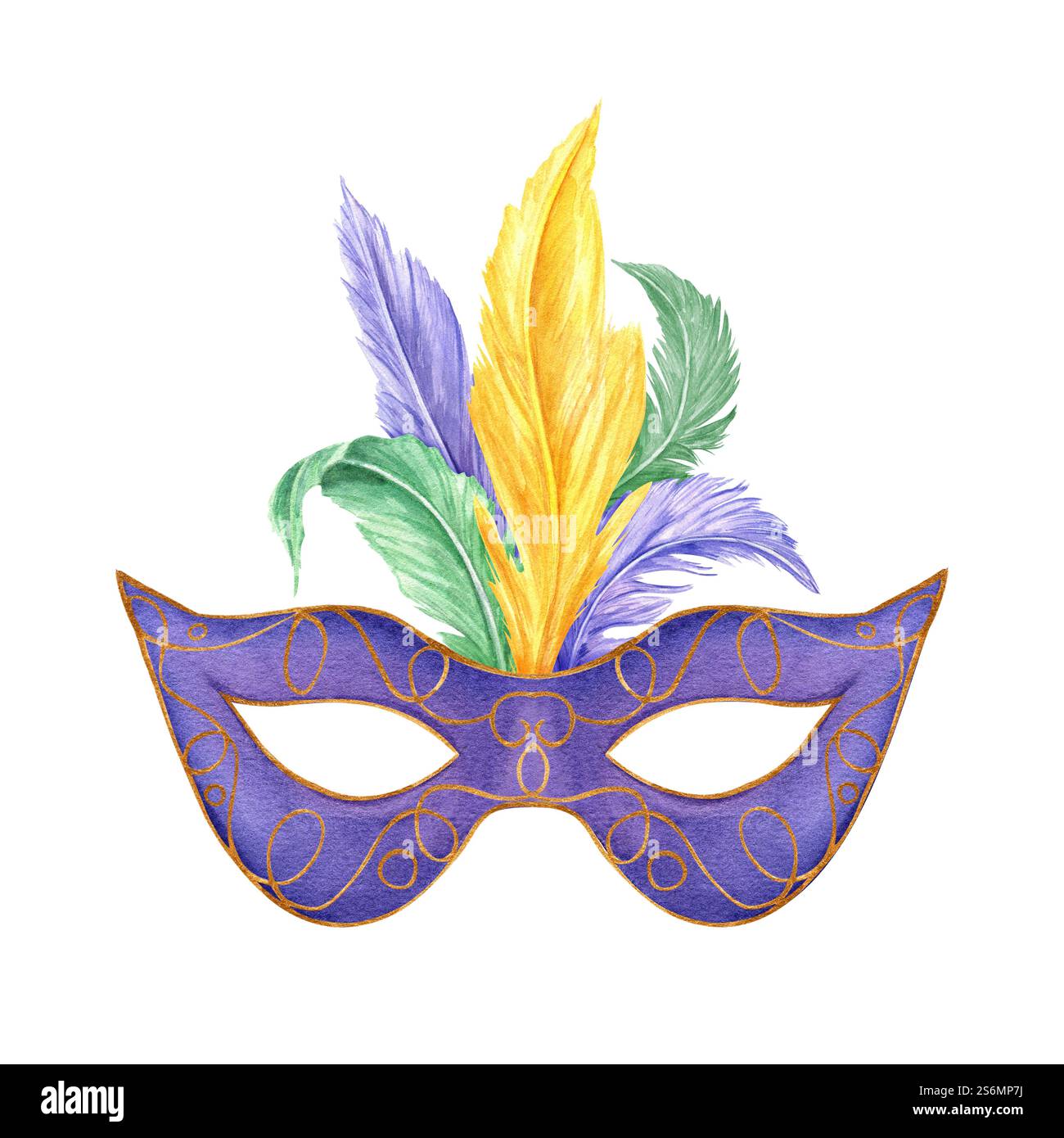 Masque de carnaval violet aquarelle avec des plumes d'oiseau dans les couleurs du festival mardi gras illustration arrière-plan isolé. Élégant attribut de carnaval Banque D'Images