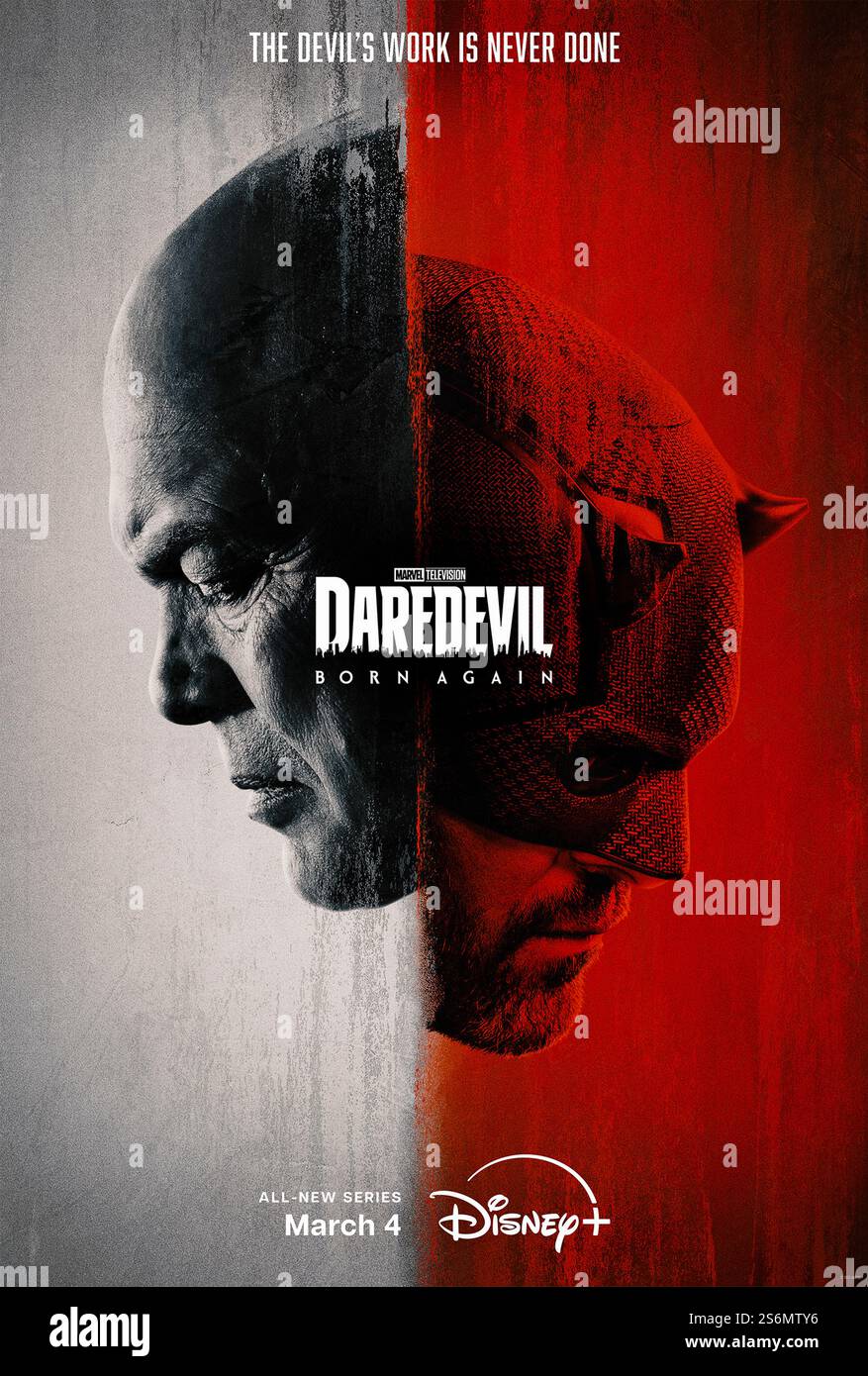 Daredevil : Born Again (2025) série télévisée mettant en vedette Charlie Cox, Vincent D'Onofrio et Jon Bernthal. Un avocat aveugle de jour combat le crime en tant que justicier masqué de nuit à Hell's Kitchen, New York, revenant pour protéger sa ville dans l'une des nouvelles émissions de télévision les plus attendues à venir en 2025. Affiche publicitaire À USAGE ÉDITORIAL EXCLUSIF. Crédit : BFA / Disney+ Banque D'Images