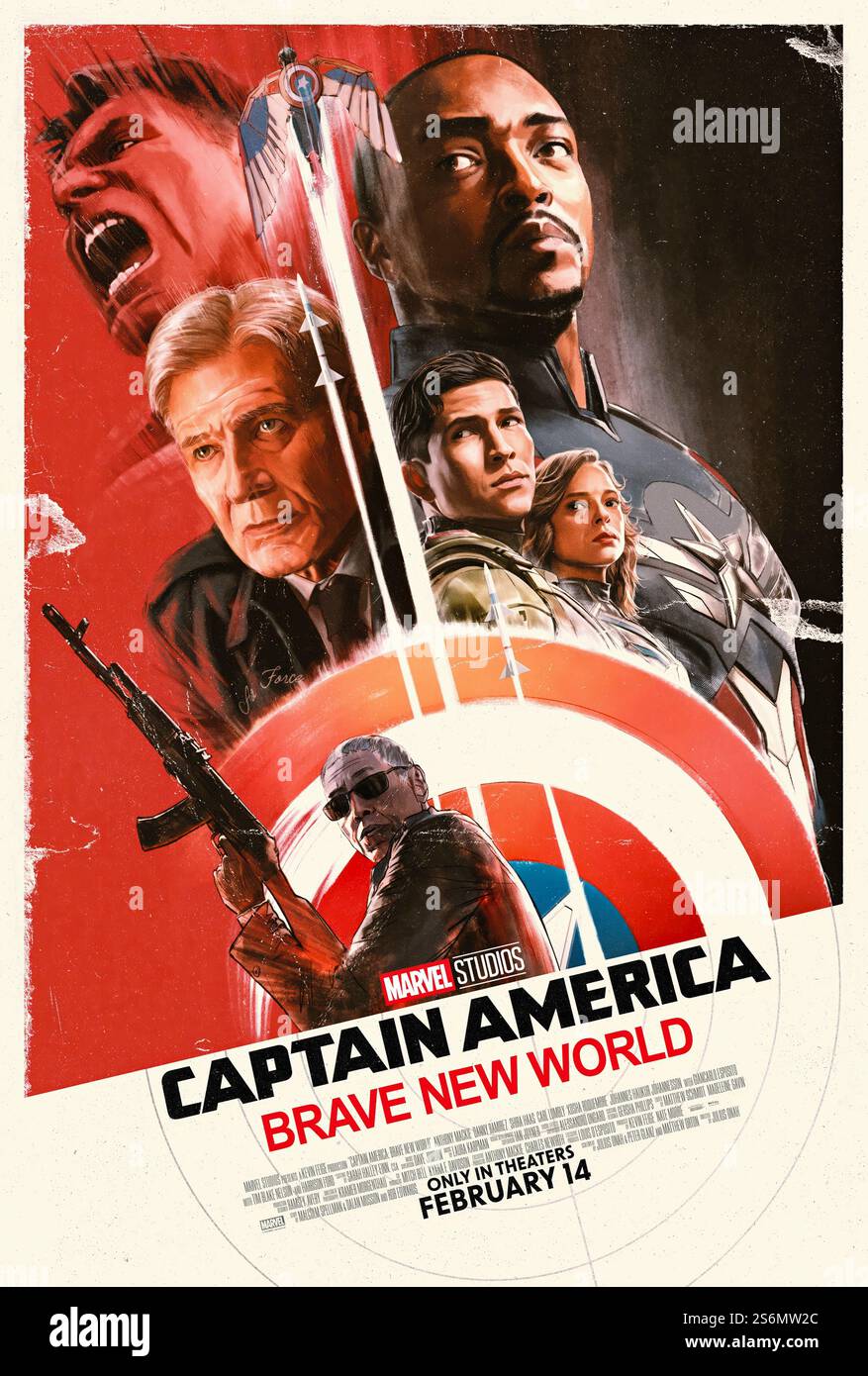 Captain America : Brave New World (2024) réalisé par Julius Onah et mettant en vedette Anthony Mackie, Harrison Ford et Danny Ramirez. Un nouveau Captain America fait face à des menaces mondiales modernes dans cette aventure Marvel bourrée d'action. Affiche US One Sheet ***USAGE ÉDITORIAL SEULEMENT***. Crédit : BFA / Walt Disney Studios Banque D'Images