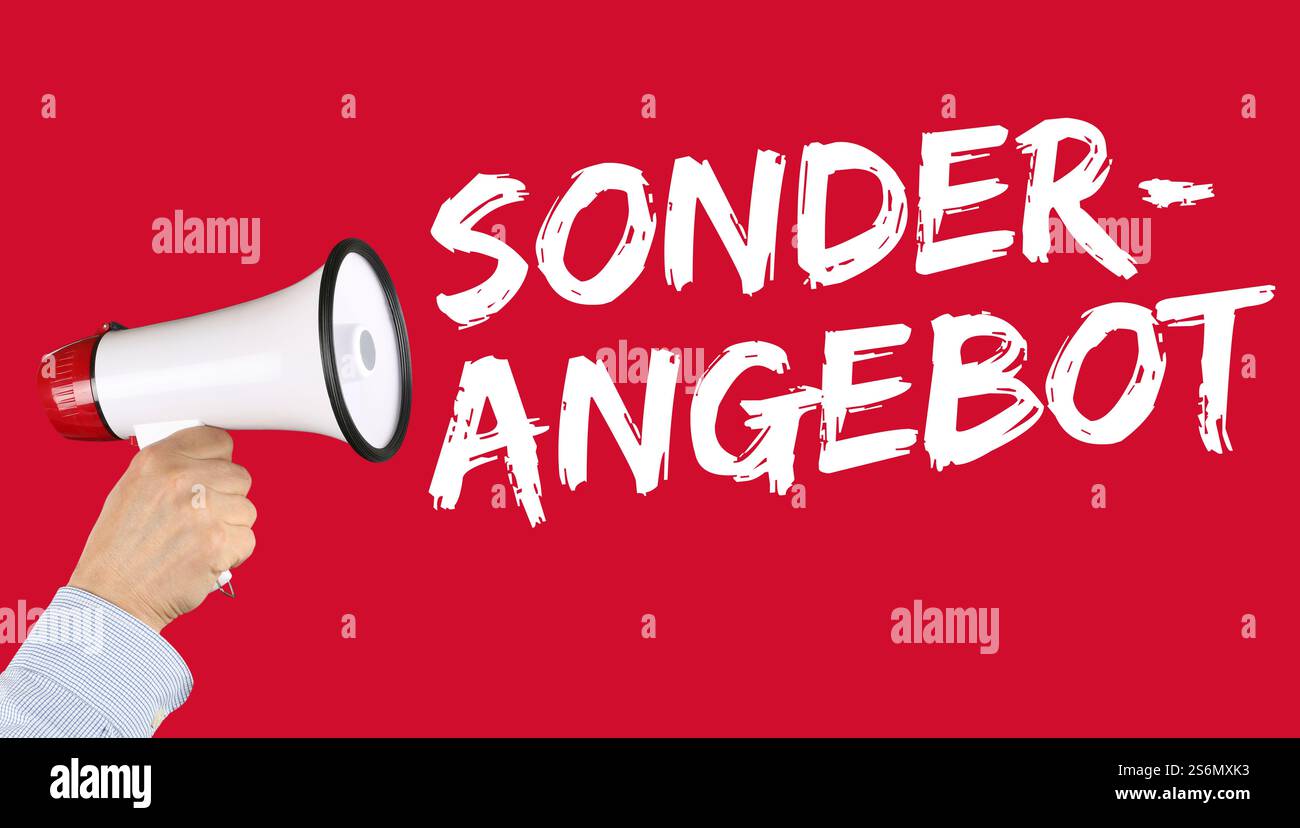 Offre spéciale vente Shopping Shopping Shopping main avec Megafon Banque D'Images