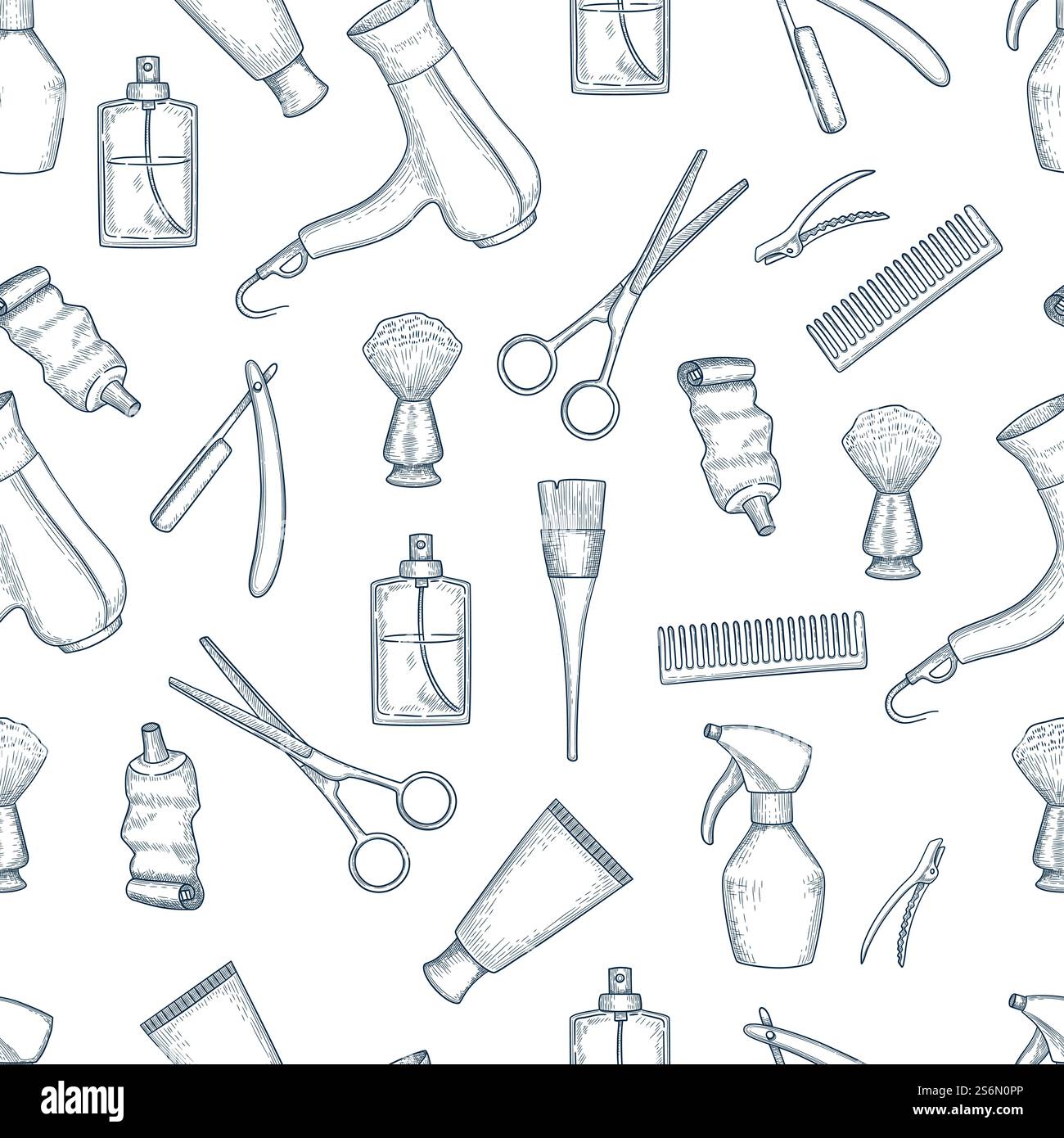 Modèle de salon de coiffure. Ciseaux vintage de peigne de rasoir articles de salon de beauté vecteur fond sans couture. Illustration sans couture arrière-plan Barbershop, modèle vintage de barbier. Modèle de salon de coiffure. Ciseaux vintage de peigne de rasoir articles de salon de beauté vecteur fond sans couture Illustration de Vecteur