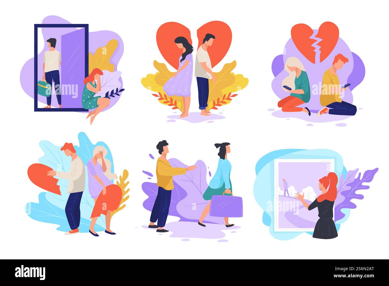 Petit ami et petite amie rompent. Conflits et problèmes relationnels. Homme et femme séparés, femme et mari. Personnages solitaires et tristes, rejet et tristesse, vecteur dans un style plat. Séparation des partenaires, rupture petit ami et petite amie Illustration de Vecteur