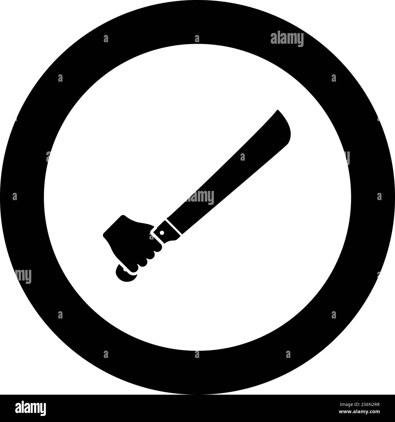 Machette dans la main dans l'utilisation bras Big icône de couteau en cercle rond noir illustration vectorielle de couleur noire solide style image simple. Machette dans la main dans l'utilisation bras Big icône de couteau en cercle rond noir illustration vectorielle de couleur noire image de style de contour solide Illustration de Vecteur