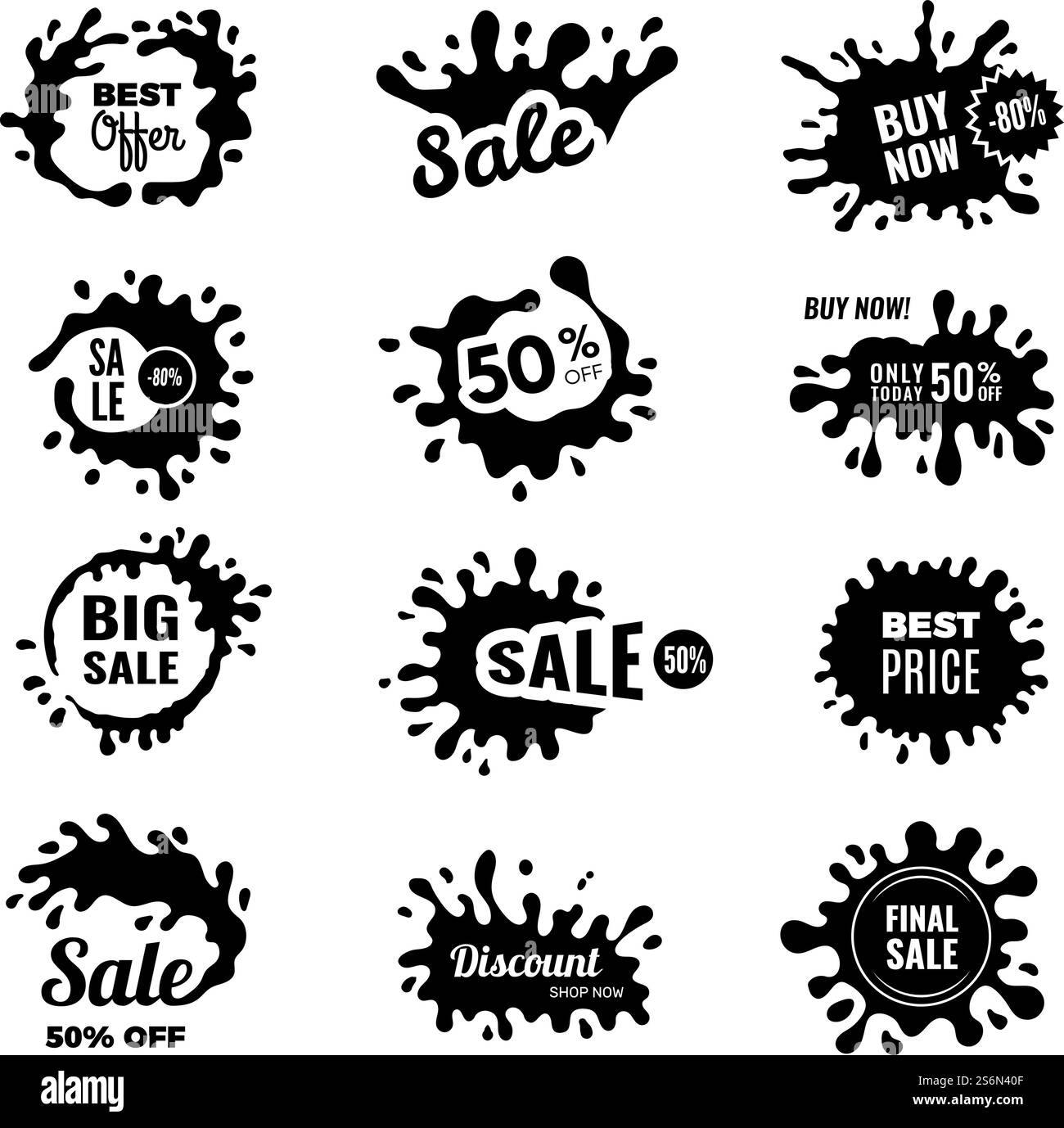 Éclaboussures noires. Vente badges promotionnels offres spéciales étiquettes publicitaires collection vectorielle. Autocollant de réduction de l'offre, illustration promotionnelle de vente spéciale. Éclaboussures noires. Vente badges promotionnels offres spéciales étiquettes publicitaires collection vectorielle Illustration de Vecteur