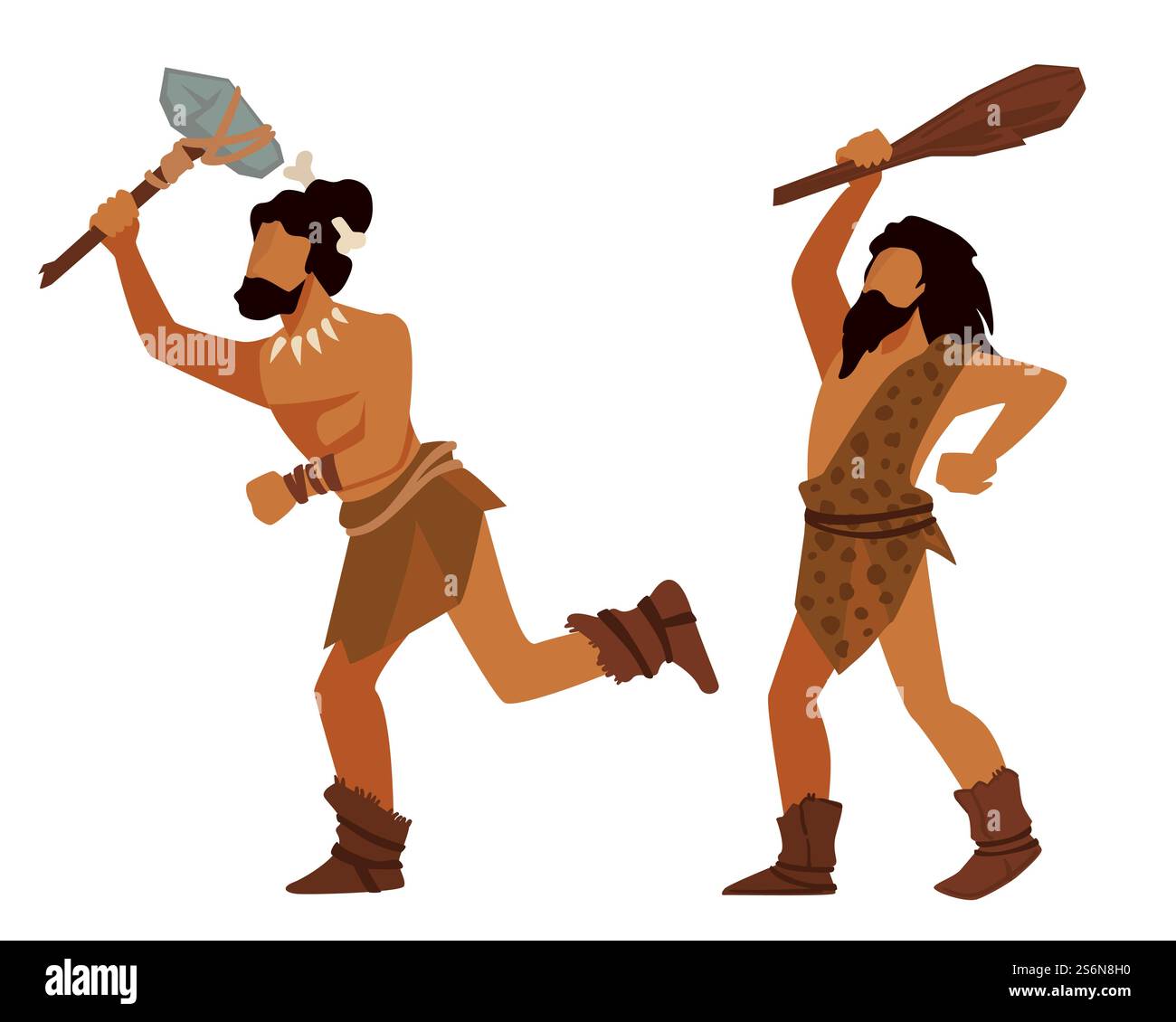 Chasse ou guerres pendant la préhistoire, les hommes courent avec des outils, des instruments ou des chauves-souris. Chasseurs ou guerriers néandertaliens, évolution dans l'histoire de l'humanité. Vecteur de civilisation d'homme des cavernes dans le style plat. Chasseurs d'animaux dans les temps préhistoriques, les gens anciens avec des armes Illustration de Vecteur