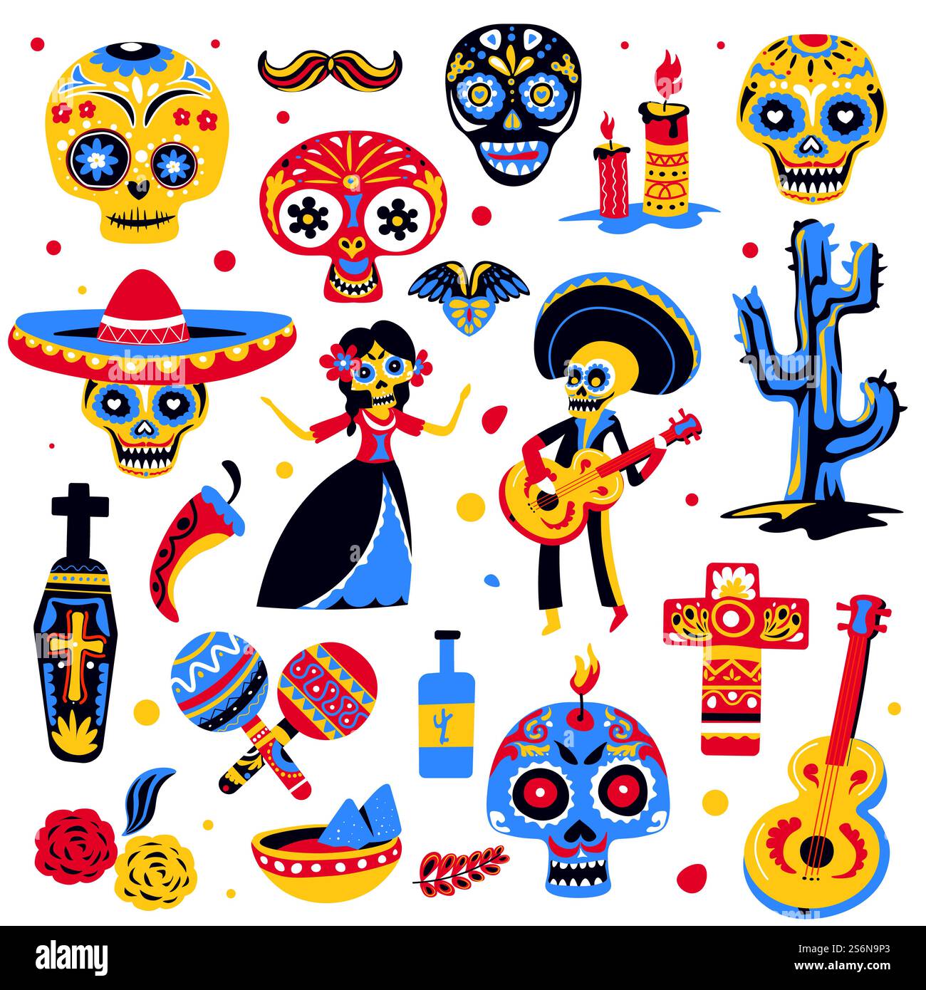 Symboles du jour de fête mexicain des morts. Squelettes avec instruments de musique vêtus de costumes, maracas et sombrero, repas traditionnel et moustache. Cercueil et croix, vecteur de calavera dans le style plat. Jour des morts symboles traditionnels de vacances mexicaines Illustration de Vecteur
