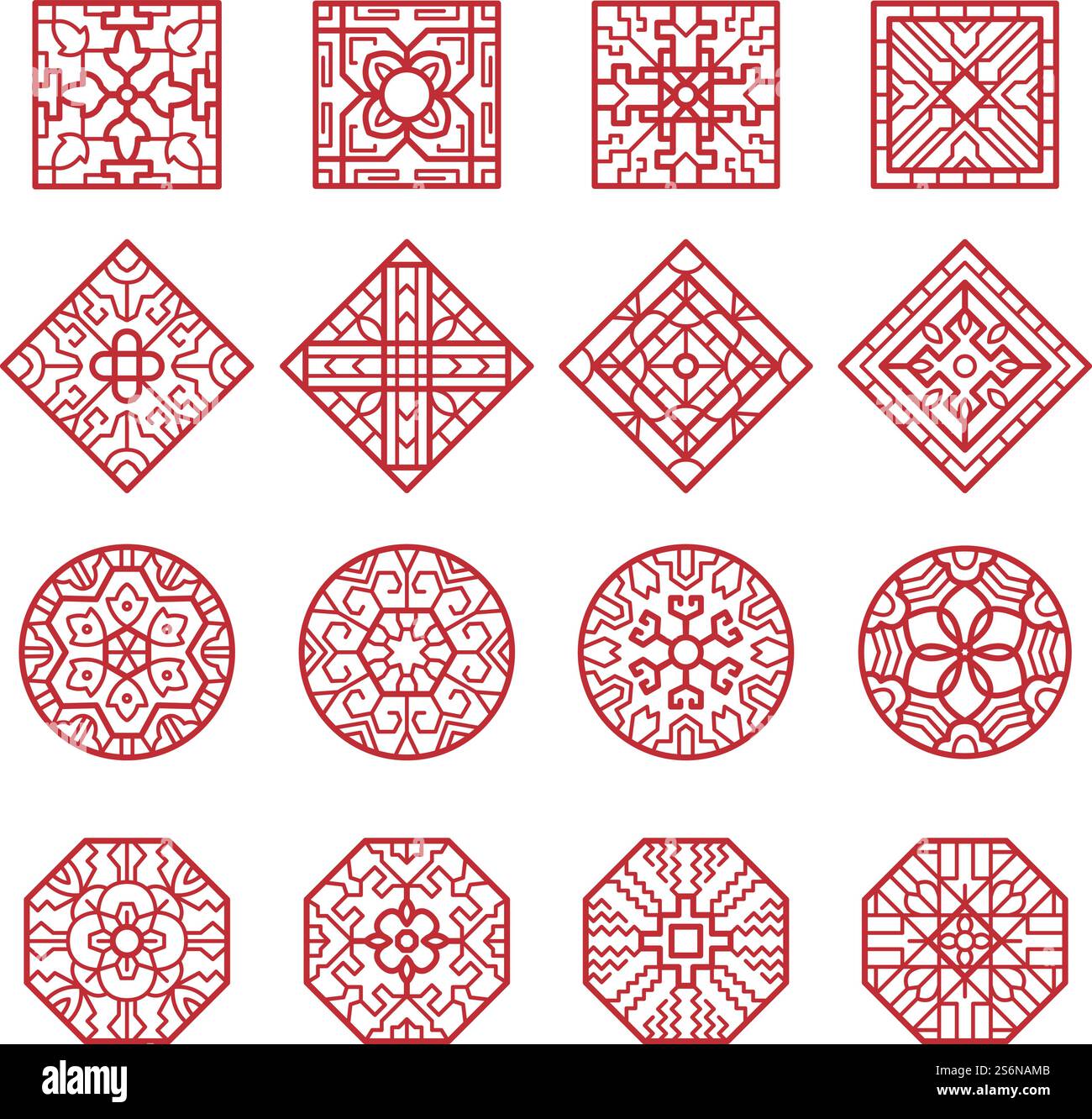 Ornement coréen. Cercles et carrés géométriques traditionnels asiatiques de texture vectorielle collection de designs authentiques. Décoration géométrique chinoise, motif illustration de texture coréenne. Ornement coréen. Cercles et carrés géométriques traditionnels asiatiques de texture vectorielle collection de designs authentiques Illustration de Vecteur