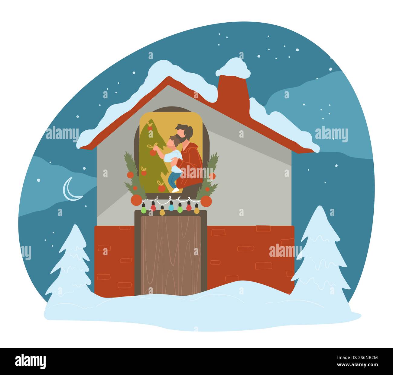 Papa et fils décorant le sapin à noël, homme et enfant avec des décorations pour l'épicéa. Fête de vacances en famille à la maison. Les gens qui se préparent pour Noël. Extérieur du bâtiment, vecteur dans le style plat. Père et fils décorant l'arbre de noël sur Noël Illustration de Vecteur