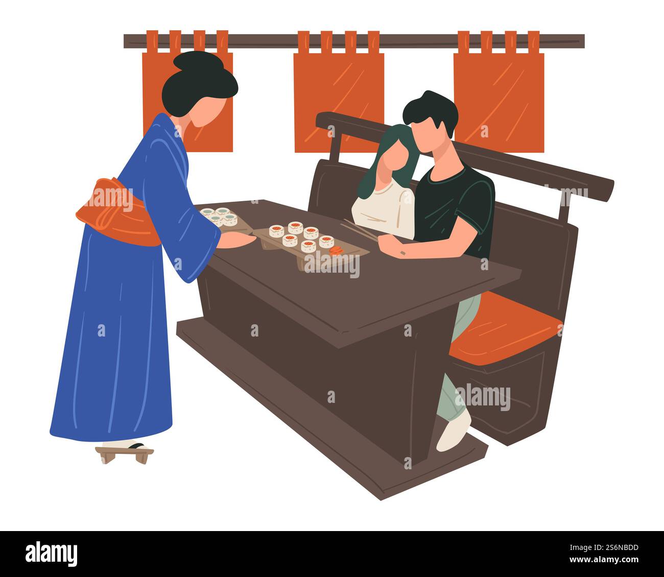 Petit ami et petite amie mangeant des sushis dans un restaurant japonais. Plats asiatiques traditionnels servis par une serveuse vêtue de kimono. Homme et femme à la date appréciant les fruits de mer de nourriture orientale, vecteur en plat. Couple mangeant des sushis dans un restaurant japonais, cuisine asiatique Illustration de Vecteur