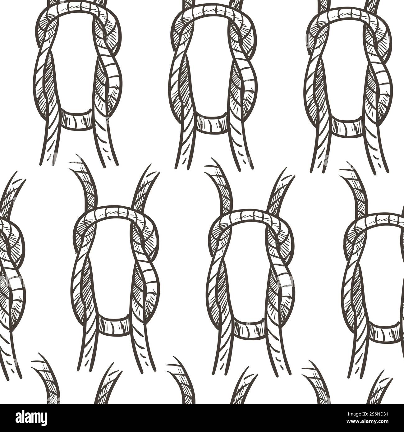 Boucle faite par corde, modèle sans couture. Thème marin et nautique du bailleur ou du nœud. Matériel de voile et de cordage pour voyages et aventures. Fil tressé. Contour d'esquisse monochrome, vecteur à plat. Boucle de nœud de corde ou cordage, motif sans couture de thème nautique Illustration de Vecteur