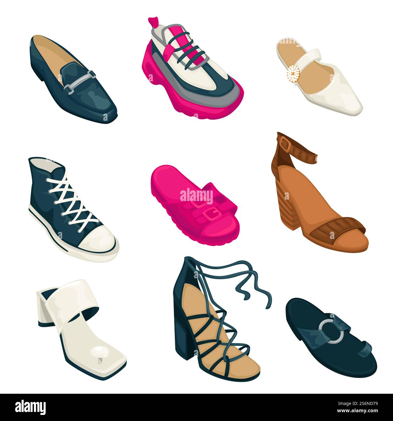 Collection de chaussures pour femmes, ensemble isolé de baskets, mules et mocassins. Talons hauts et modèles de plate-forme de chaussures pour femme. Type basique et classique de vêtements décontractés, vecteur dans le style plat. Chaussures de femme, collection de mode de chaussures pour le vecteur de femmes Illustration de Vecteur