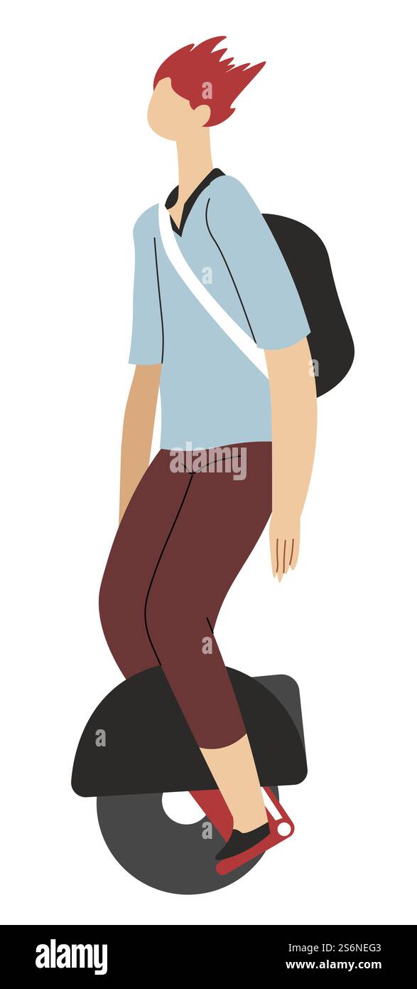 Véhicules de transport urbain modernes et moyens de transport, personnage masculin en équilibre sur hoverboard. Personnage utilisant un véhicule écologique, une expérience monocycle, un vecteur de camion Uni dans un style plat. Adolescent voyageant sur monocycle ou gyroscooter, transport urbain Illustration de Vecteur