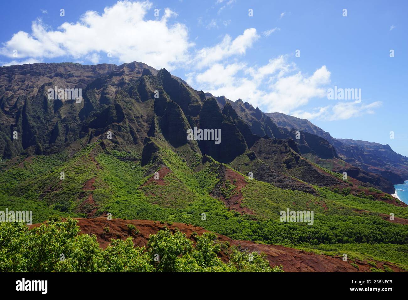 Vue majestueuse sur le Kalalau Trail à Kauai, Hawaï, mettant en valeur les falaises spectaculaires, les vallées verdoyantes et la côte immaculée de la côte Na Pali Banque D'Images