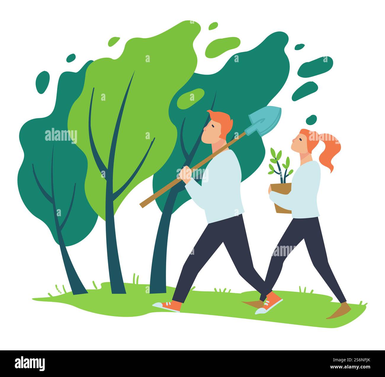 Des gens de l'organisation bénévole plantent des arbres et plantent. Homme et femme avec pot et pelle marchant dans la forêt ou les bois. Protection de l'environnement et des réserves naturelles. Vecteur dans le style plat. Homme et femme plantant des arbres et des fleurs vecteur Illustration de Vecteur