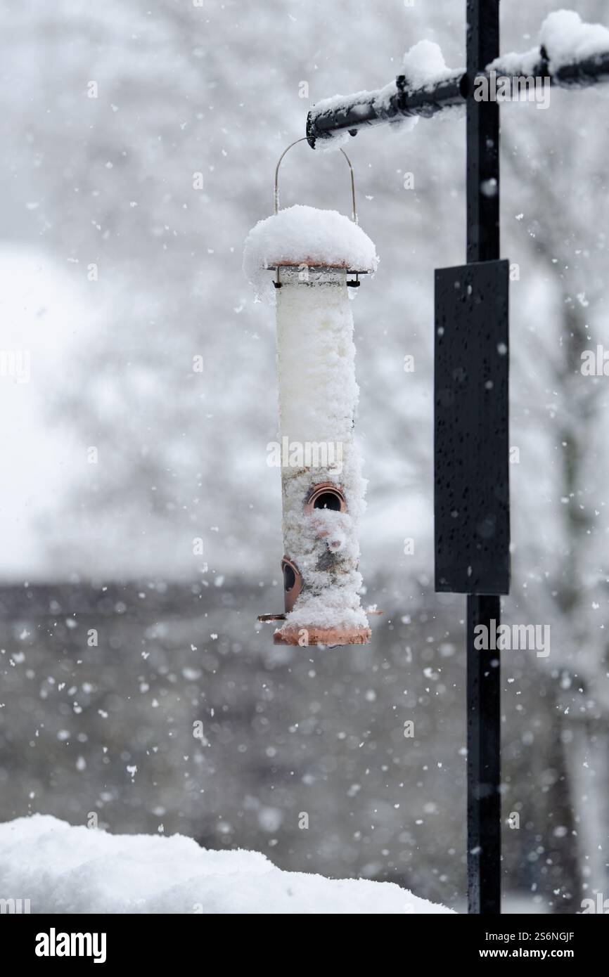 Une mangeoire à oiseaux est couverte de neige et est suspendue à un poteau métallique. La neige tombe lourdement, créant une atmosphère sereine et paisible Banque D'Images