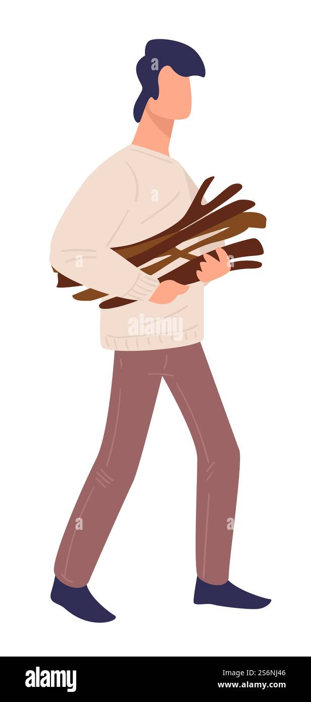 Personnage masculin portant un bouquet de brindilles et de branches, homme isolé dans les bois à la recherche de bûches. Tourisme et survie dans la nature. Matériel pour le feu de joie, le camping et le mode de vie actif, vecteur dans le style plat. Homme collectant des branches et des brindilles dans les bois vecteur Illustration de Vecteur