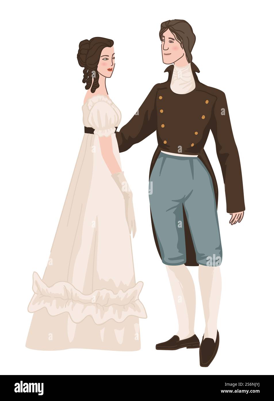 Mode et vêtements d'autrefois, homme et femme portant des vêtements traditionnels pour l'âge victorien. Couple amoureux tenant la main, riche dame et dandy à la réception ou boule de fantaisie. Vecteur dans le style plat. Homme et femme portant des vêtements vintage, à la mode ancienne Illustration de Vecteur