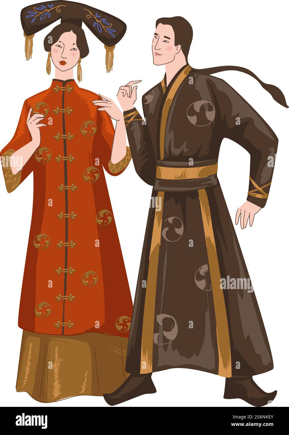 Homme et femme de Chine portant des costumes et des vêtements nationaux. Personnages masculins et féminins isolés, personnages chinois avec kimono et coiffure. Coréen de dame et gentleman japonais. Vecteur en plat. Chinois, homme et femme portant des vêtements Illustration de Vecteur