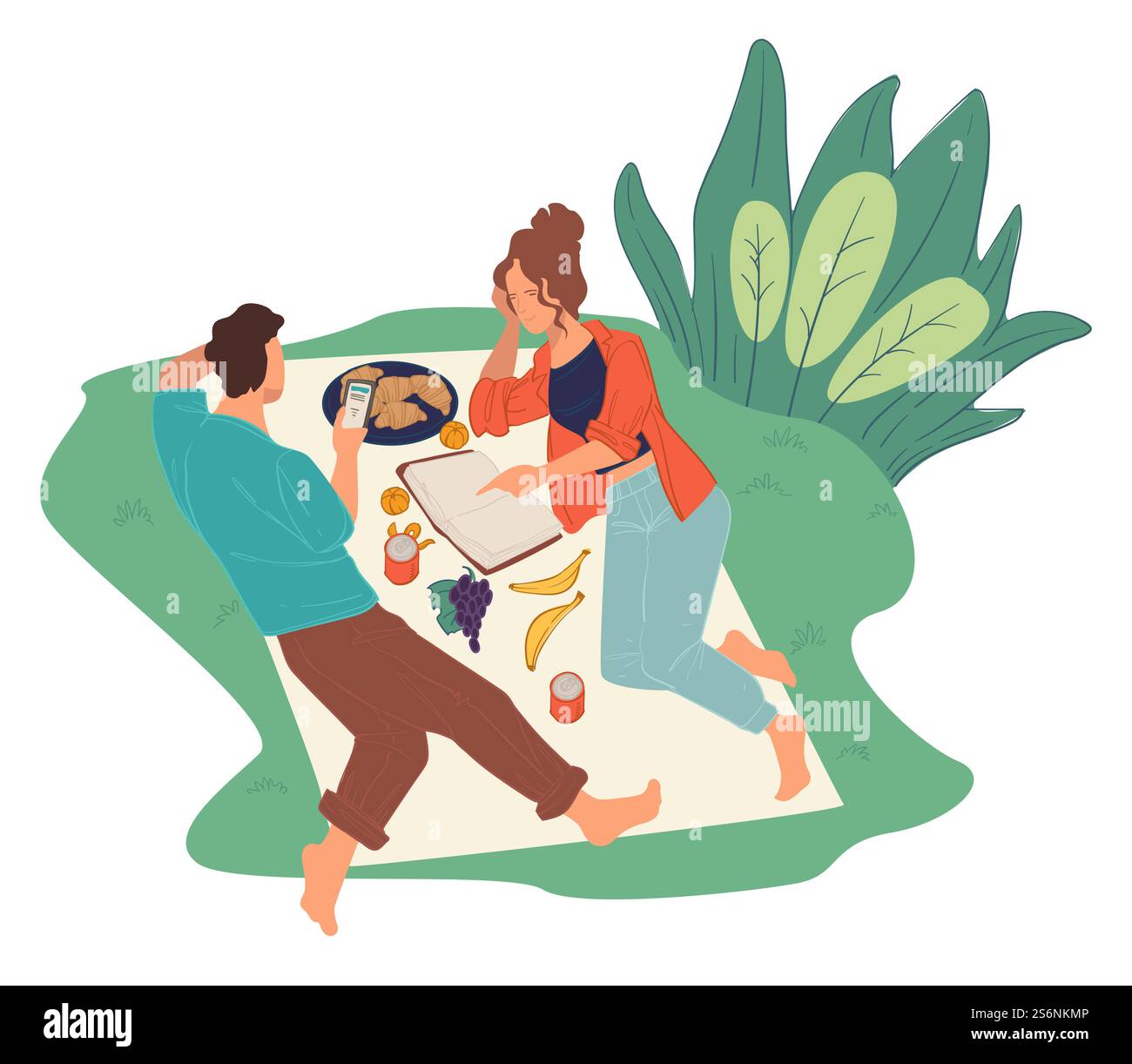 Homme et femme le week-end se sont rassemblés dans le parc pour pique-niquer. Couple lisant le livre et naviguant sur le web. Mâle et femelle couchant sur une couverture avec de la nourriture et des fruits, des collations et un repas savoureux. Vecteur dans le style plat. Couple sur le livre de lecture pique-nique et la navigation sur le web Illustration de Vecteur