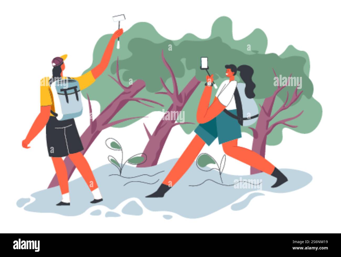 Personnages voyageant et publiant des vidéos ou des photos de voyage. Femmes avec des smartphones et des sacs à dos marchant dans la forêt ou les bois avec des arbres et une végétation luxuriante. Randonneurs en vacances. Vecteur dans le style plat. Routards voyageant dans le parc ou la forêt avec le téléphone Illustration de Vecteur