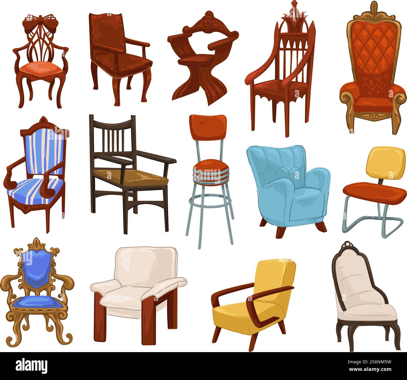 Mobilier vintage et rétro, fauteuils et chaises isolés, sièges et tabourets pour s'asseoir. Conception en bois et tissu doux, canapé confortable et confortable. Décoration classique pour la maison. Vecteur dans le style plat. Mobilier de différents âges et cultures vecteur Illustration de Vecteur