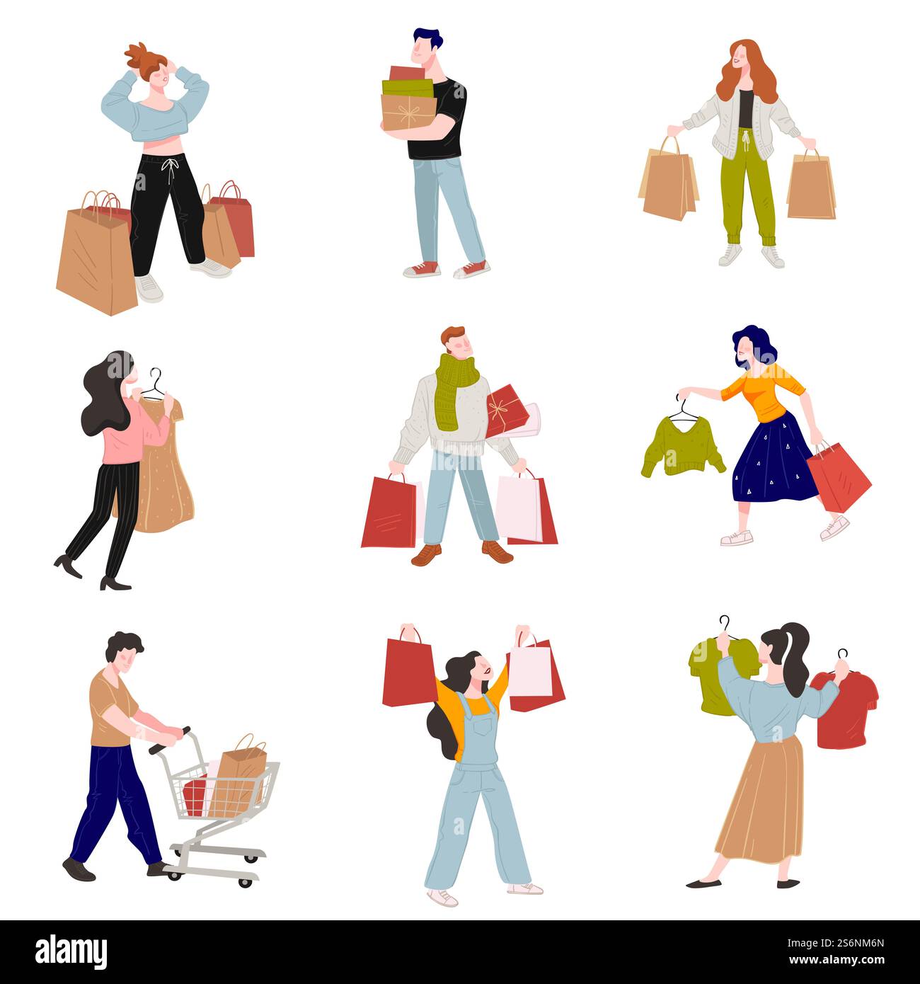 Personnages masculins et féminins magasinant dans les magasins et les magasins, portant des produits achetés ou des vêtements. Homme et femme avec sac, boîtes et cadeaux en vacances. Personne avec chariot. Vecteur dans le style plat. Magasinez des gens tenant des sacs, des boîtes et des cadeaux Illustration de Vecteur