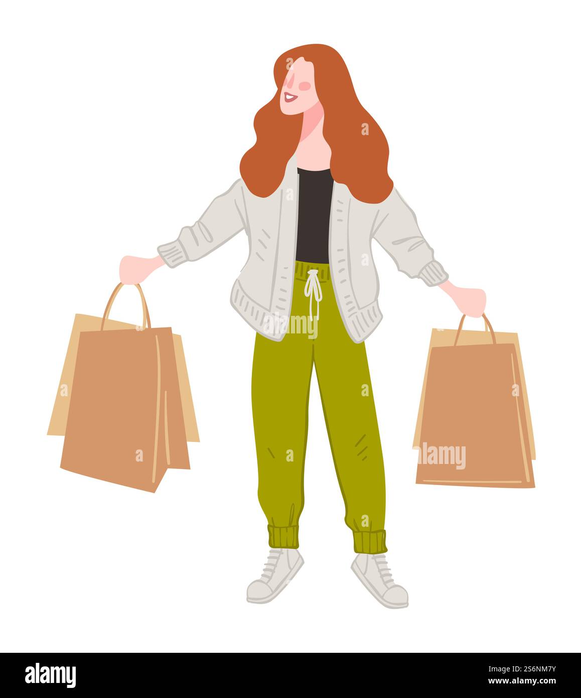 Femme de magasinage démontrant des produits et des marchandises achetés dans les magasins et les magasins. Personnage féminin isolé avec des sacs en papier. Dame se relaxant le week-end achetant des objets dans le centre commercial. Vecteur dans le style plat. Femme heureuse montrant les produits achetés dans le vecteur de magasin Illustration de Vecteur
