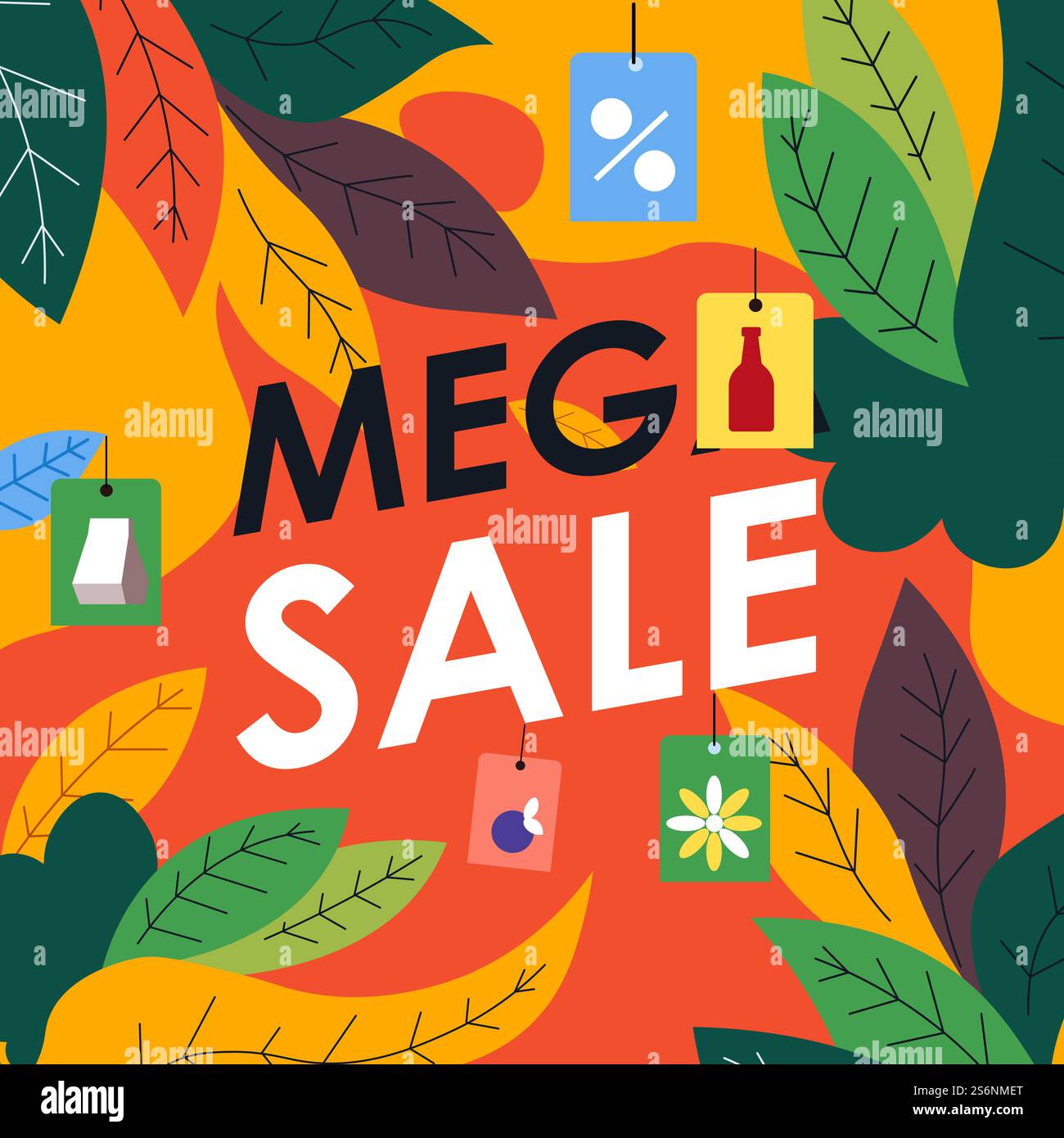 Réduction des prix, méga vente en magasin ou en magasin avec des produits. Liquidation saisonnière dans le centre commercial, réduction des coûts d'automne, marketing et promotion de la production. Proposition finale et offre. Vecteur dans le style plat. Méga réduction de prix de vente, shopping sur les rabais Illustration de Vecteur