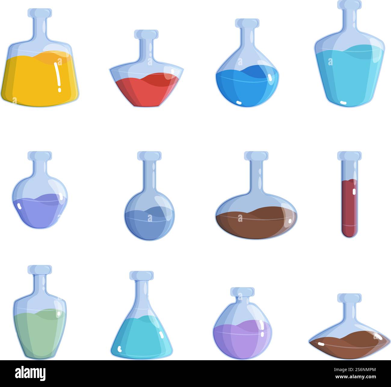 Bouteilles magiques. Alchemy potion élémentaire magie 2d éléments de jeu illustration colorée vectorielle. Bouteille d'élixir, collection de flacons de boisson chimique. Bouteilles magiques. Alchemy potion Elemental magie 2d éléments de jeu illustrations colorées vectorielles Illustration de Vecteur