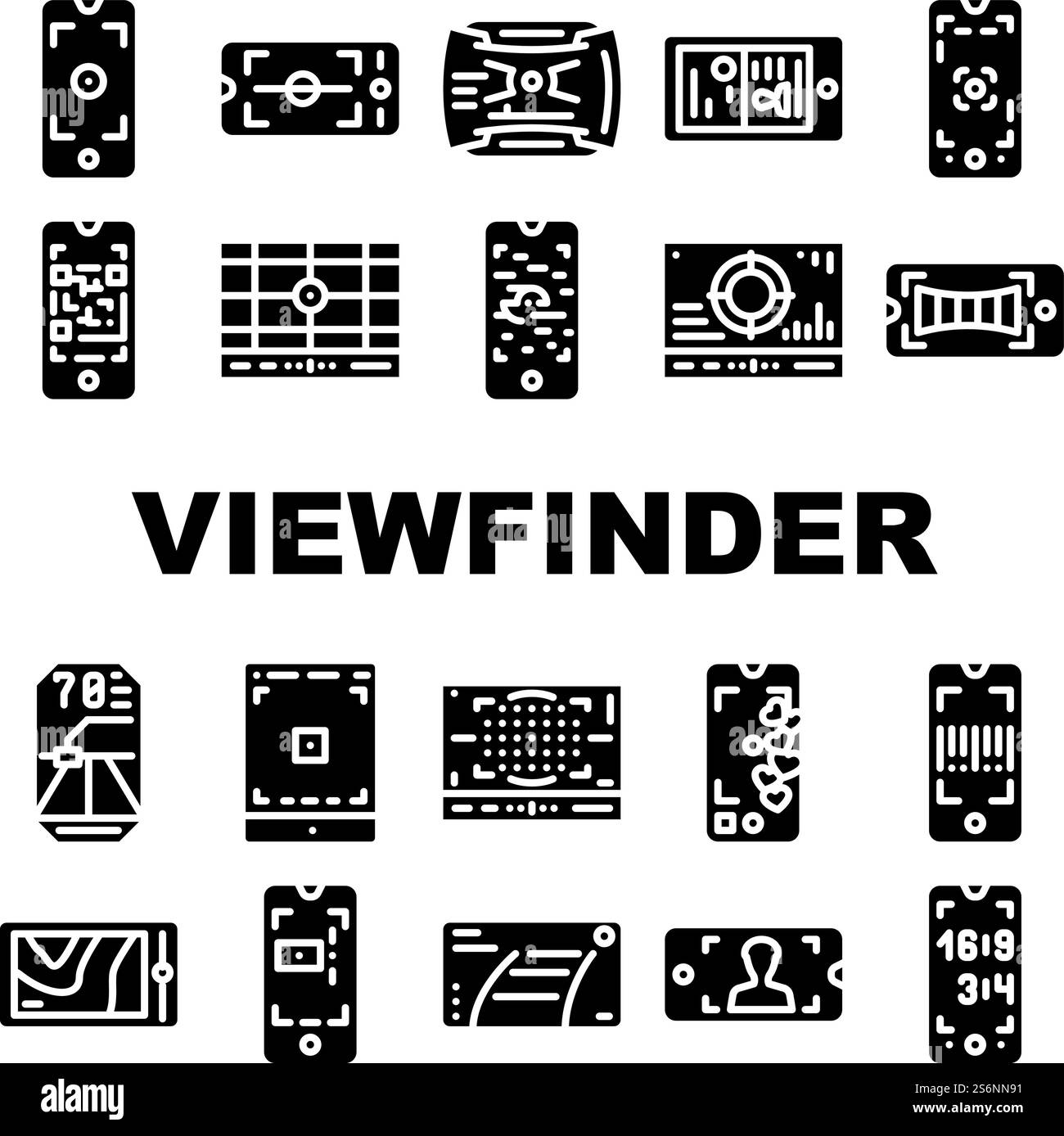 Viseur icônes de fonction smartphone définir le vecteur. Viseur d'appareil photo pour réaliser des photographies de documents et d'horizon, numérisation QR et de codes-barres, pictogrammes de glyphes thermiques, illustrations noires. Viseur icônes de fonction smartphone définir le vecteur Illustration de Vecteur