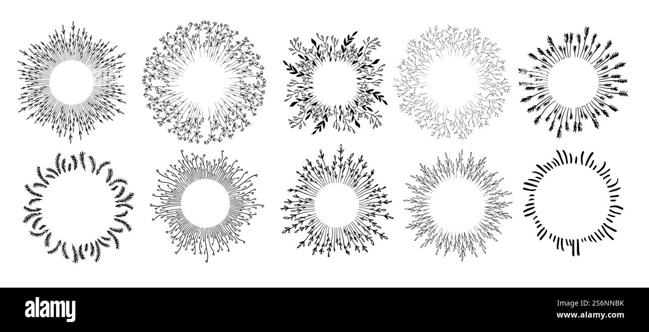 Bannières florales ornementales avec espace copie, arrondi isolé encadré avec espace vide, signes circulaires. Floraison de fleurs et feuillage simple herbes décoratives et feuilles en cercle, vecteur dans le style plat. Cadres floraux et ornements avec des fleurs, bannières vides Illustration de Vecteur